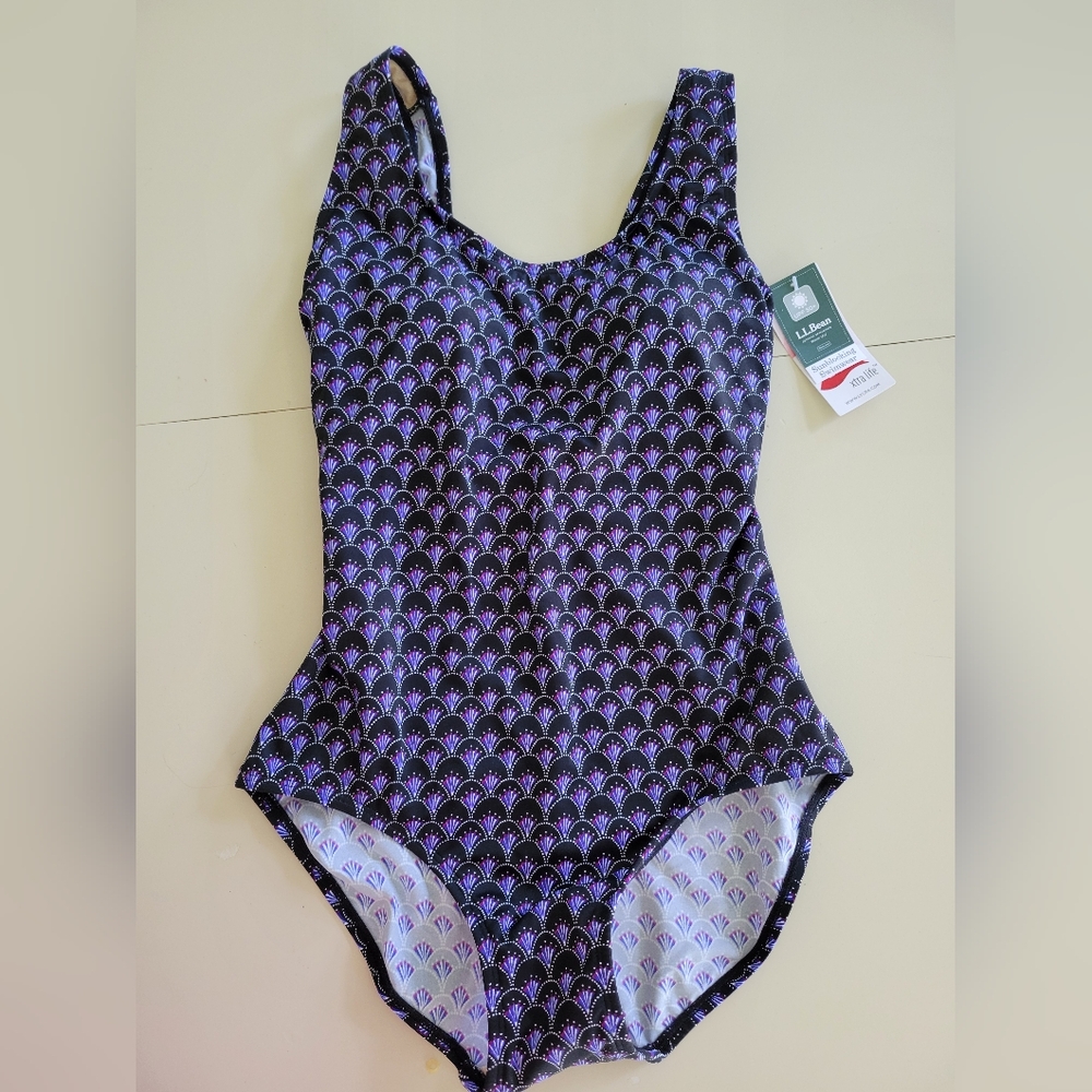 LL Bean Womens Size 8  Sunblocking Swimwear Scalloped Purple Black One Piece UPF